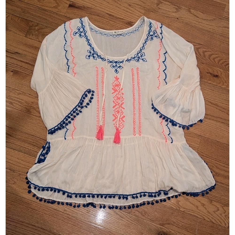 Coastal‎ Boho Festival Sheer Embroidered Tunic Cover Up Pom Pom Tassel L/XL
